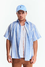 Camisa Lino Manga corta Rayas gruesas Azul