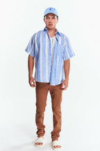 Camisa Lino Manga corta Rayas gruesas Azul