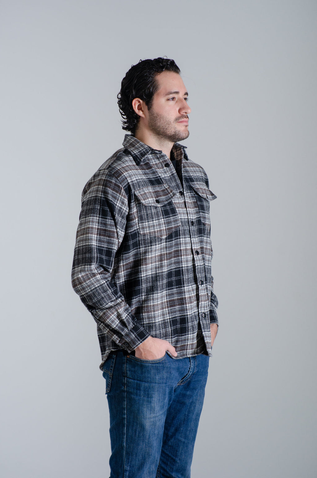 Camisa Franela Manga Larga Cuadro Negra