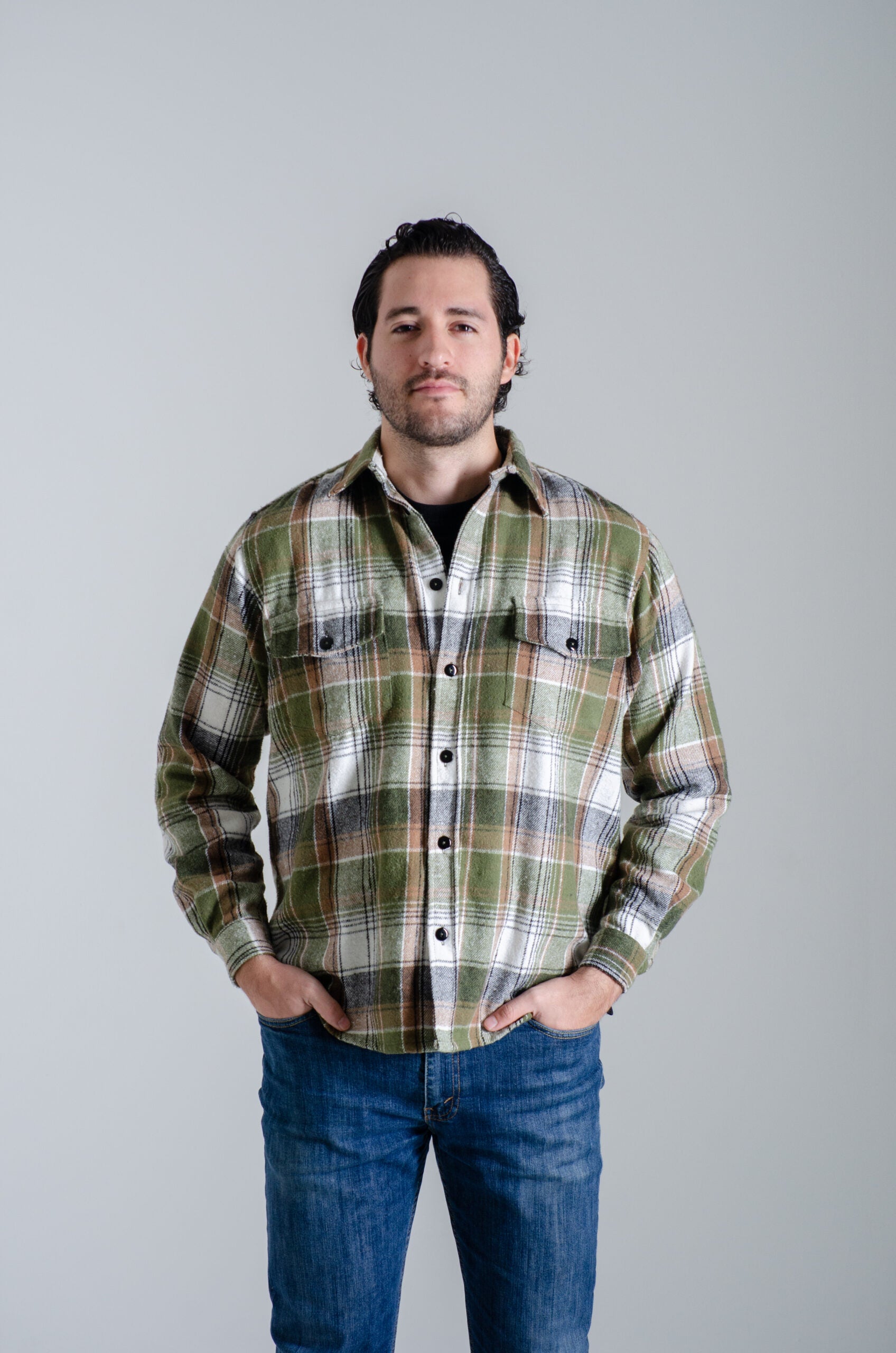 Camisa Franela Manga Larga Cuadro Verde