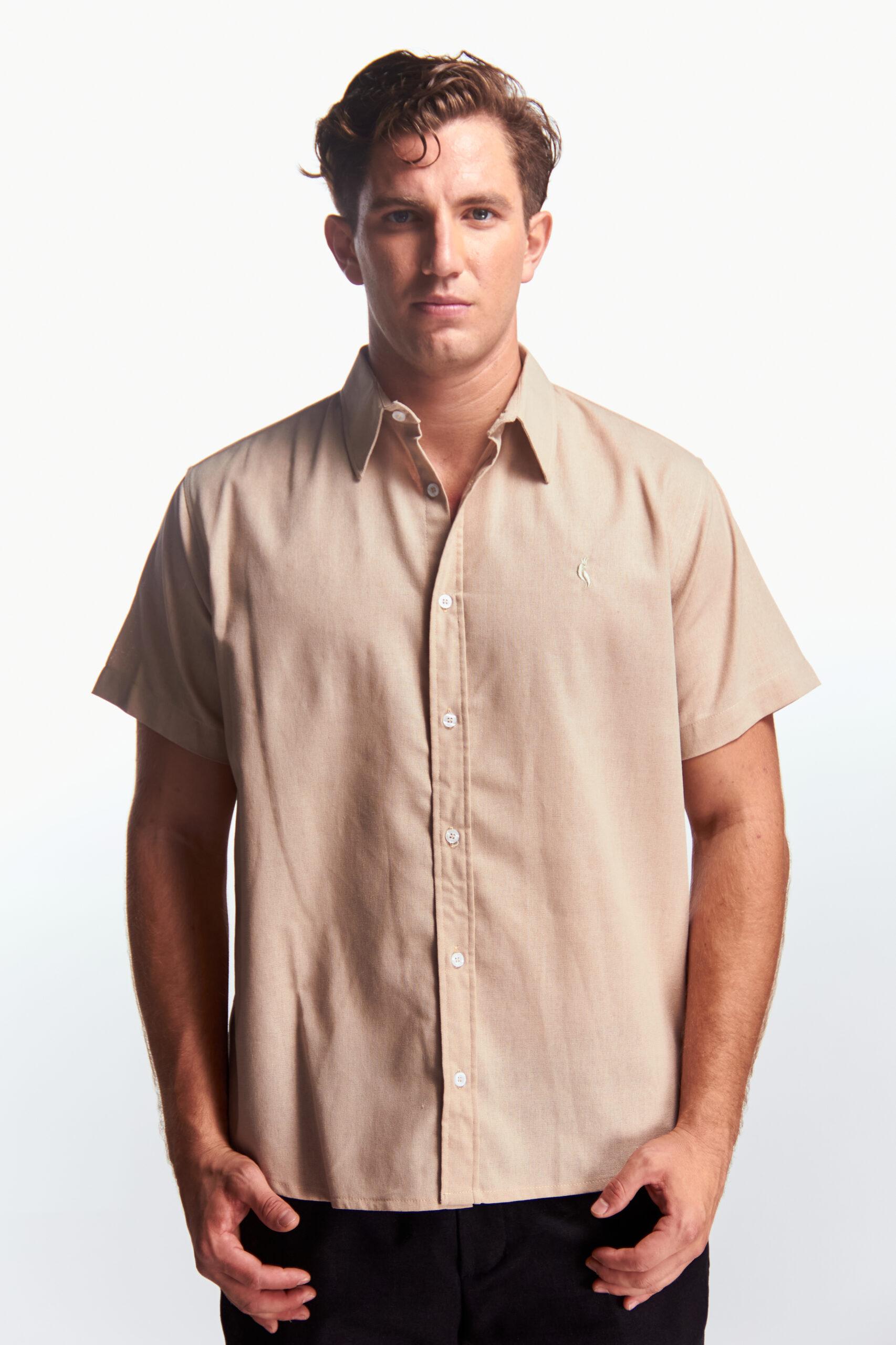 Camisa Lino Manga corta Beige Kaky