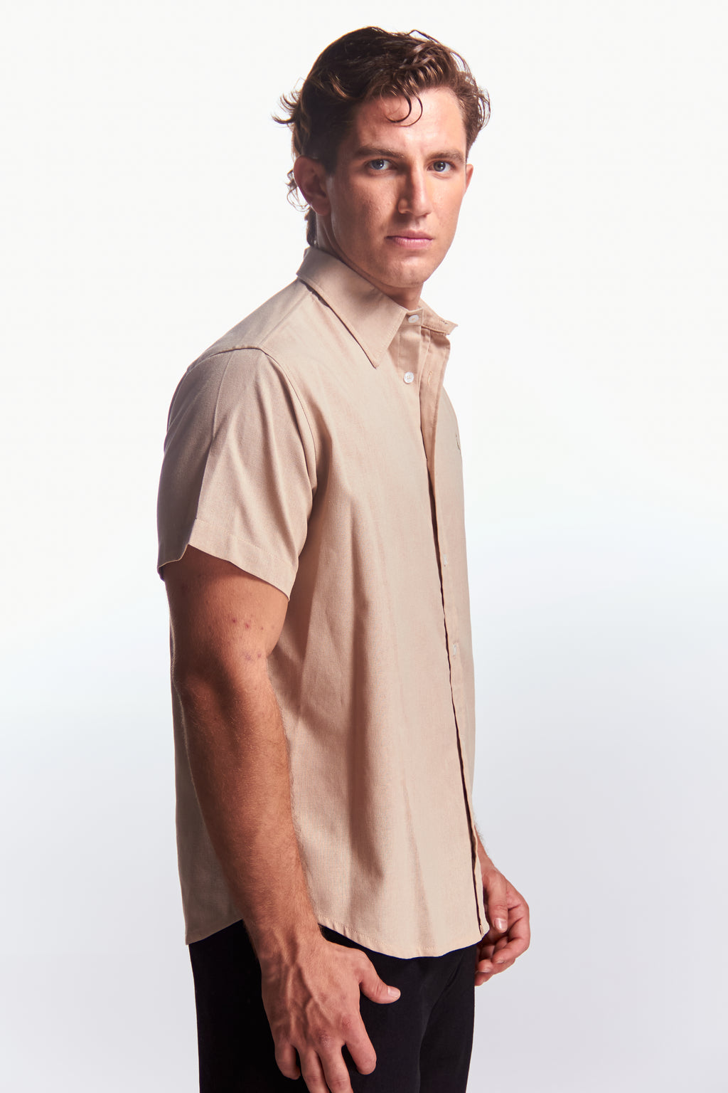 Camisa Lino Manga corta Beige Kaky
