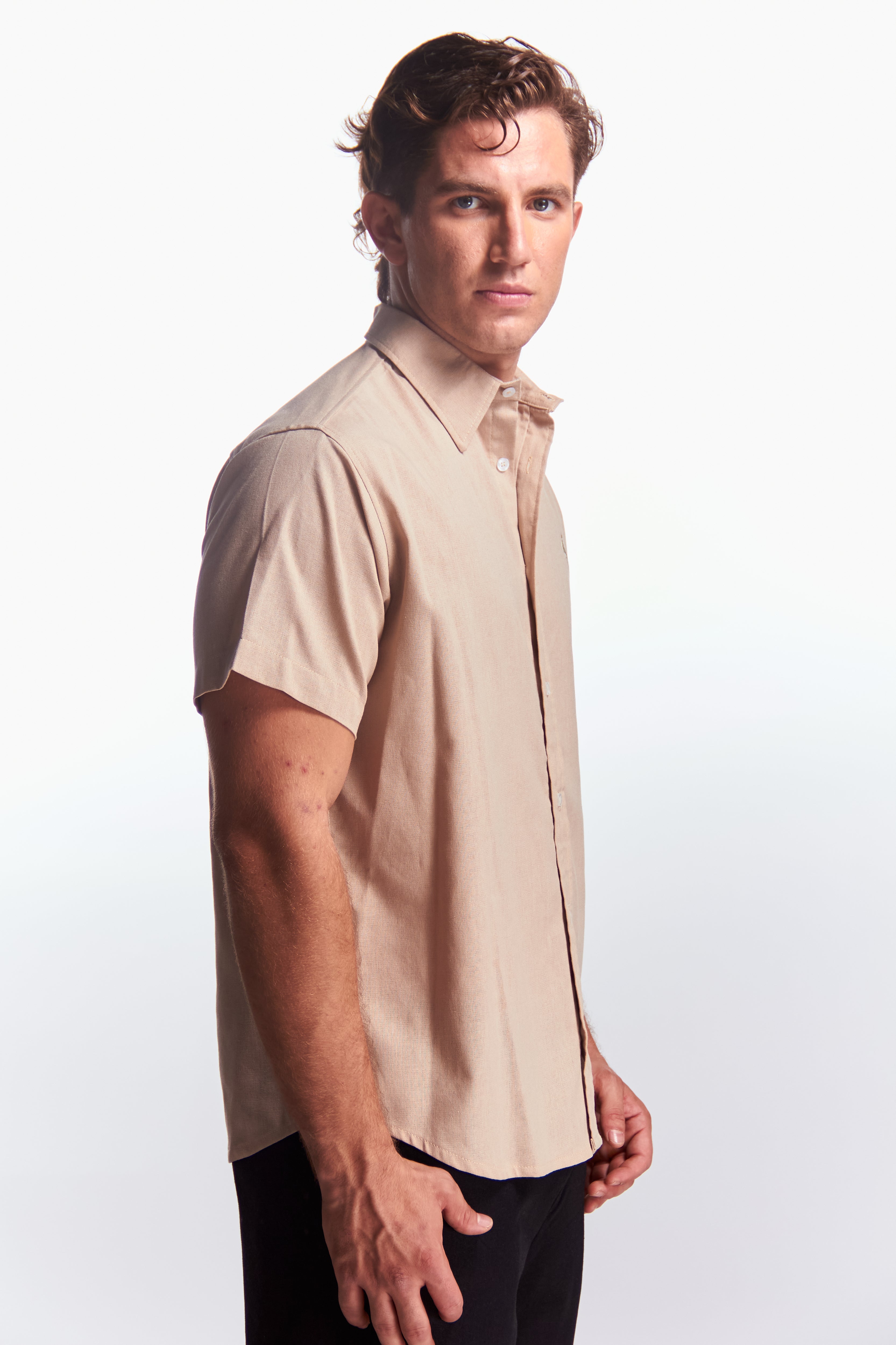 Camisa Lino Manga corta Beige Kaky