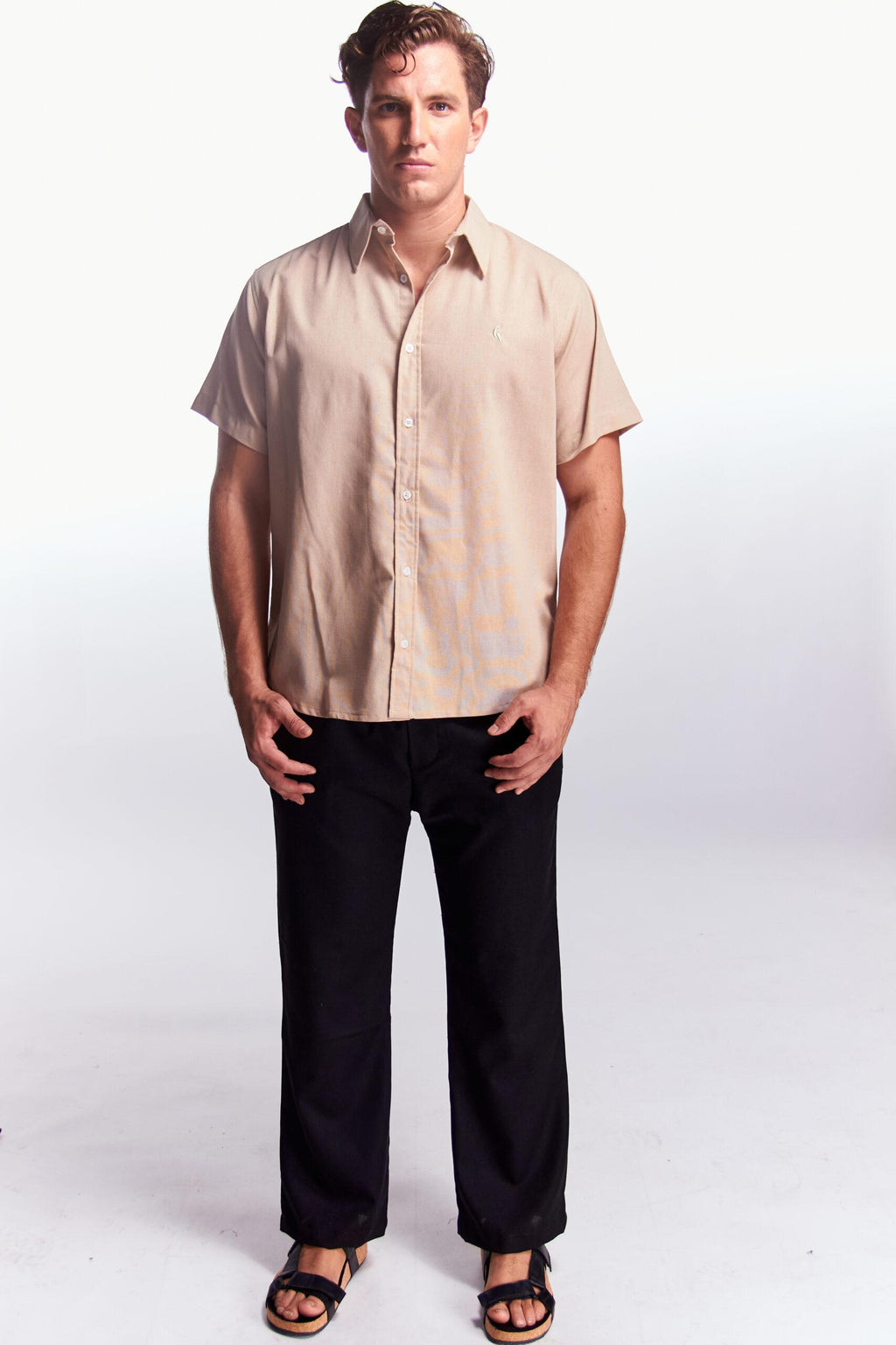 Camisa Lino Manga corta Beige Kaky